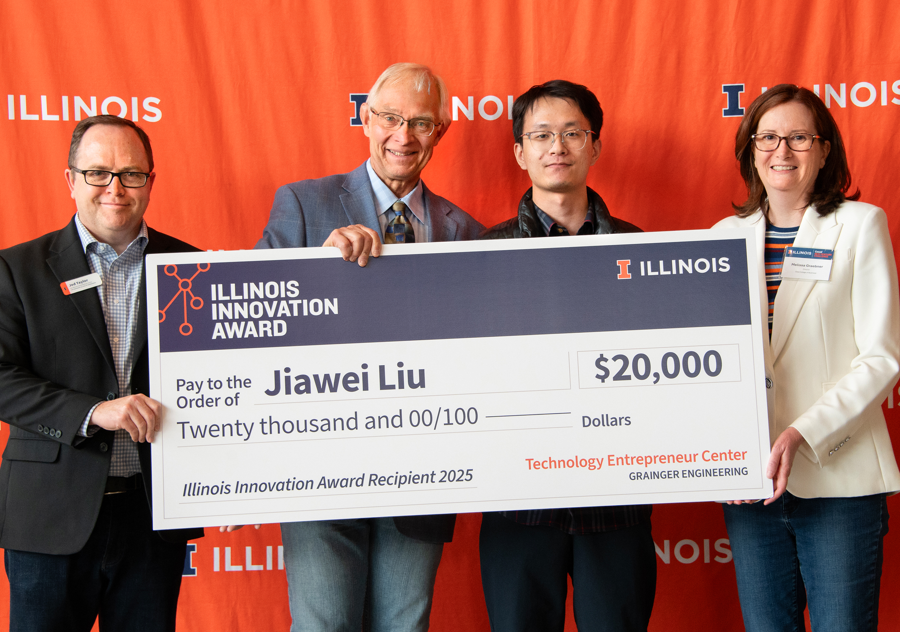 L-R: Jed Taylor, Assistant Dean for Innovation and Entrepreneurship at Grainger Engineering; John Thode, Clinical Professor for Innovation, Leadership, and Engineering Entrepreneurship, Grainger Engineering; Jiawei Liu, Illinois Innovation Award recipient and Melissa Graebner, Associate Dean of Entrepreneurship at the Gies College of Business