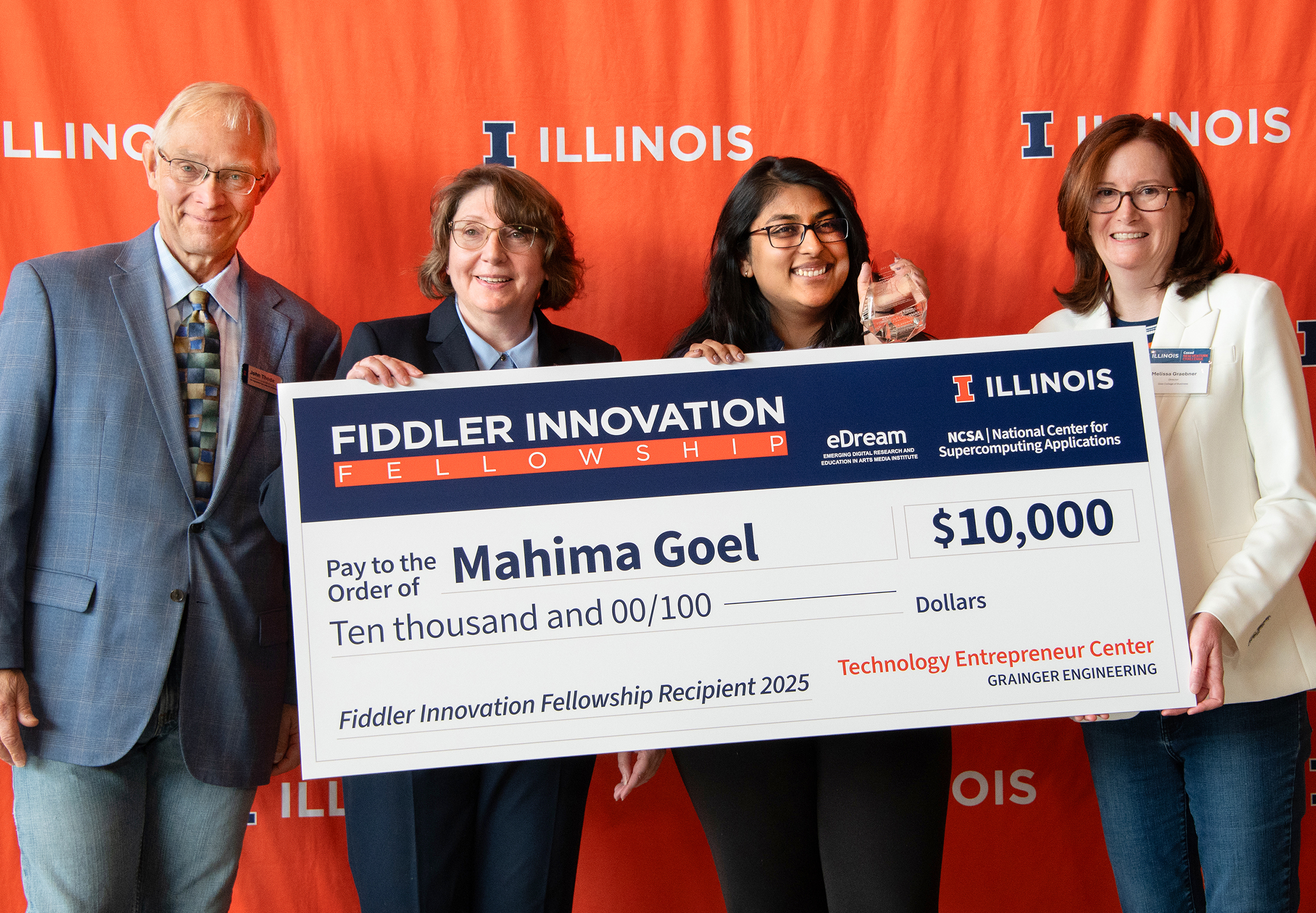 L-R: John Thode, Olena Kindratenko, Assistant Director for Research &amp; Education at NCSA, Mahima Goel, Fiddler Innovation Fellowship recipient and Melissa Graebner