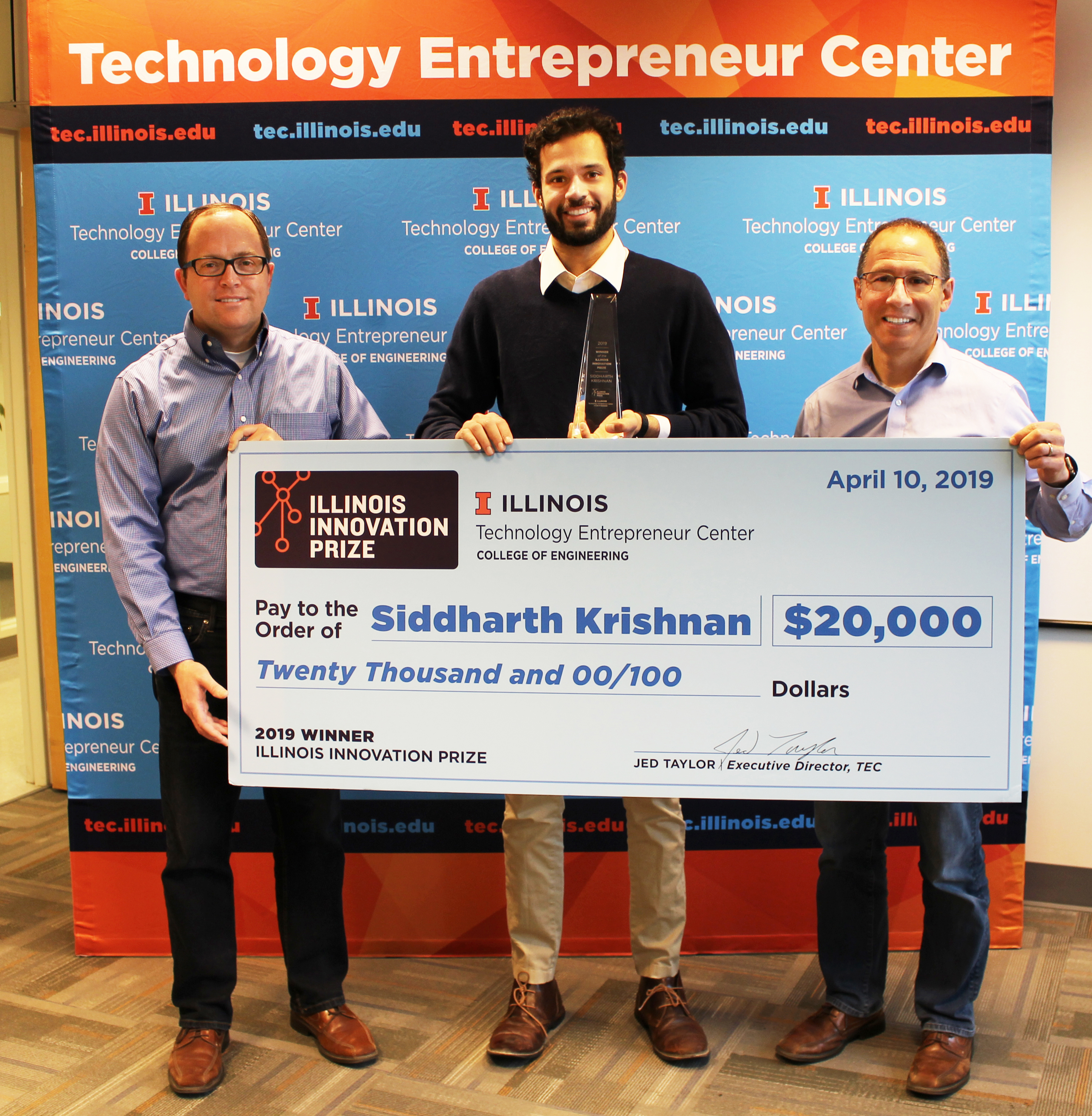 From L to R: Jed Taylor, Executive Director of TEC, Siddharth Krishnan, and Andrew Singer, Associate Dean for Innovation and Entrepreneurship 