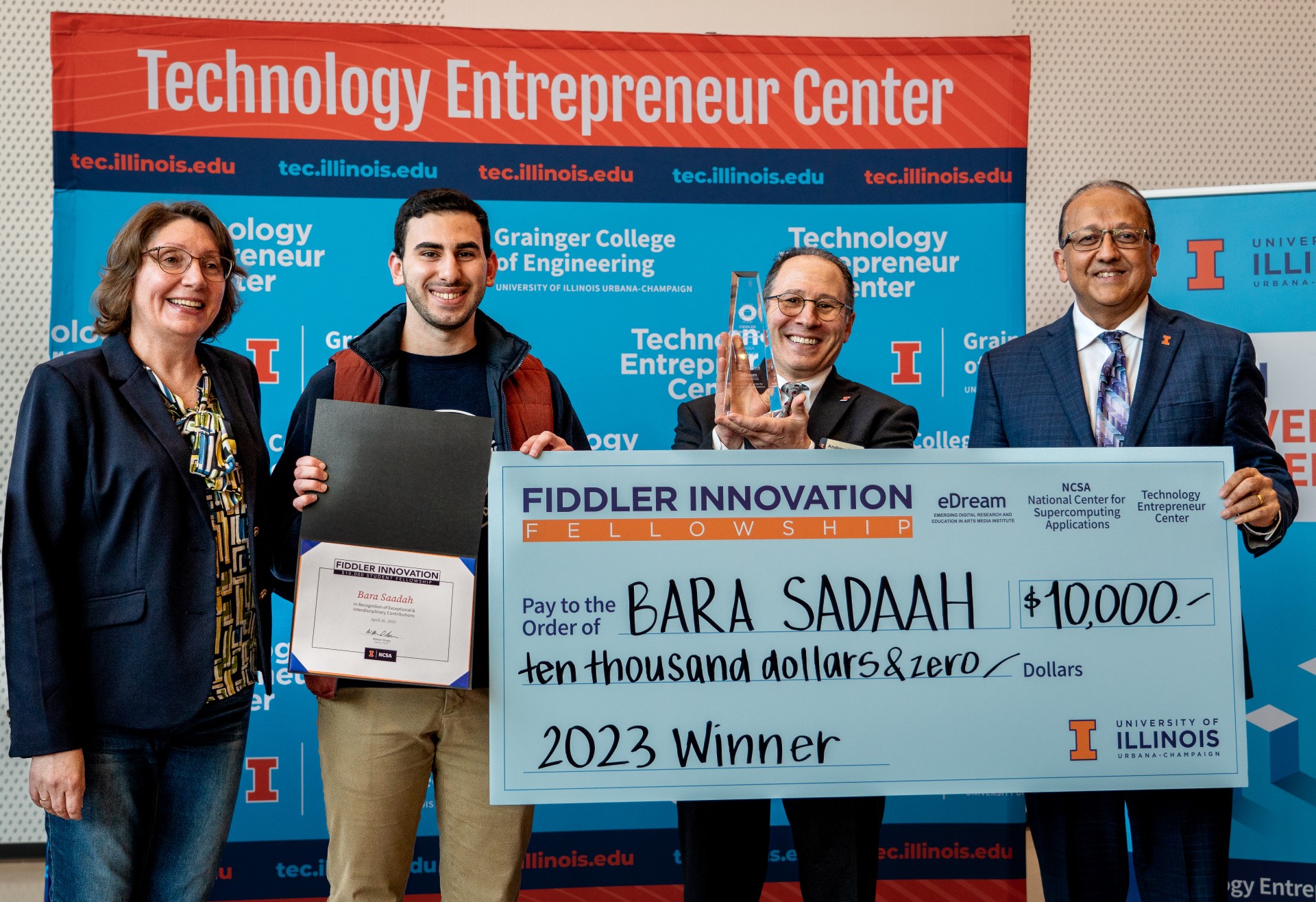 L-R: Olena Kindratenko, Senior Research Coordinator at NCSA; Bara Saadah, Fiddler Innovation Fellowship recipient; Andy Singer, and Dean Rashid Bashir