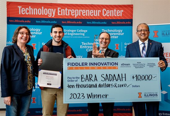 L-R: Olena Kindratenko, Senior Research Coordinator at NCSA; Bara Saadah, Fiddler Innovation Fellowship recipient; Andy Singer, and Dean Rashid Bashir