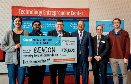 L-R: Emily Smith; Anant Naik; Dean Mark Cohen, Carle Illinois College of Medicine; Dean Rashid Bashir; Andy Singer, Associate Dean for Innovation and Entrepreneurship; Reilly Connell, Fox Ventures.&amp;amp;amp;amp;amp;amp;amp;amp;amp;amp;amp;amp;nbsp;