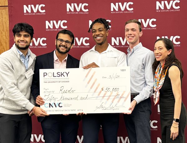 Third Place Winning Team, Resolv with Starr Marcello deputy dean for MBA programs at the University of Chicago&amp;amp;amp;amp;amp;amp;rsquo;s Booth School of Business and professor of the CNVC program (right end)