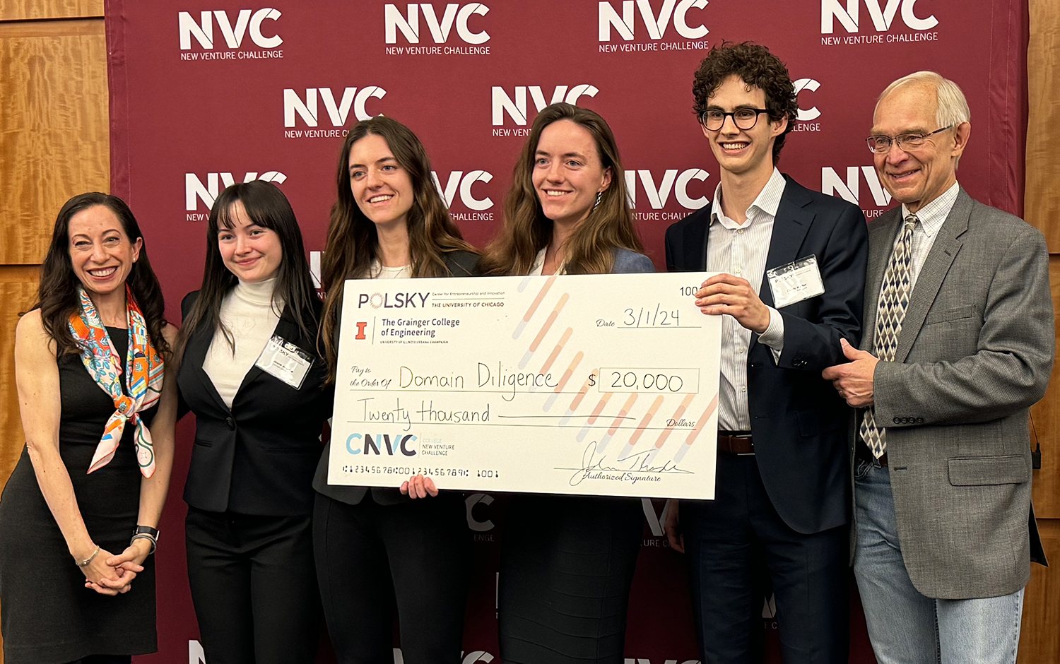 Domain Diligence team with Star Marcelo (left end) and John Thode, Richard and Gayle&amp;amp;amp;amp;amp;amp;nbsp;Landuyt Professor of Innovation and Entrepreneurship at Grainger Engineering (right end)